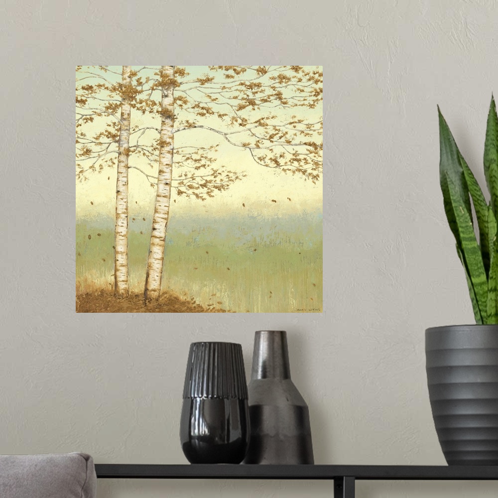 A modern room featuring Serene painting of two trees with long, leafy branches at the edge of a valley in pastel shades.