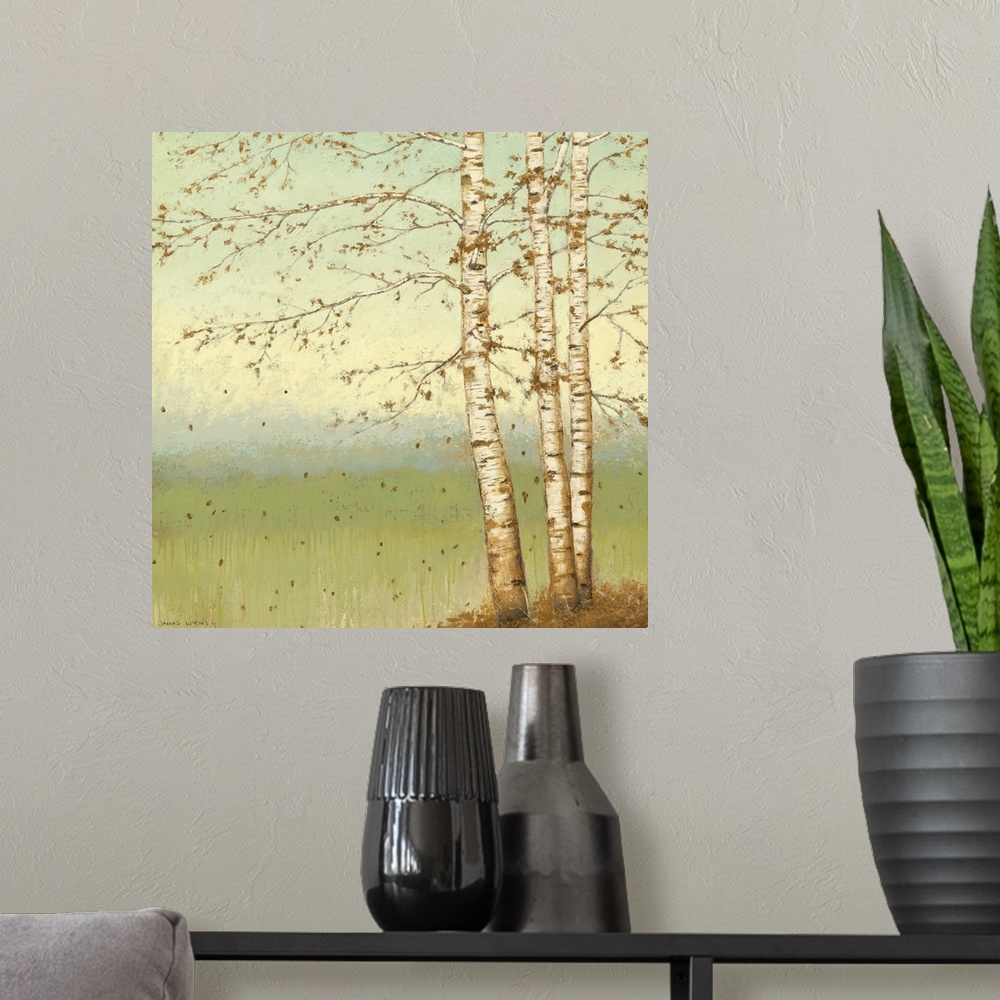 A modern room featuring Square painting on a giant wall hanging of several birch trees dropping what's left of their gold...
