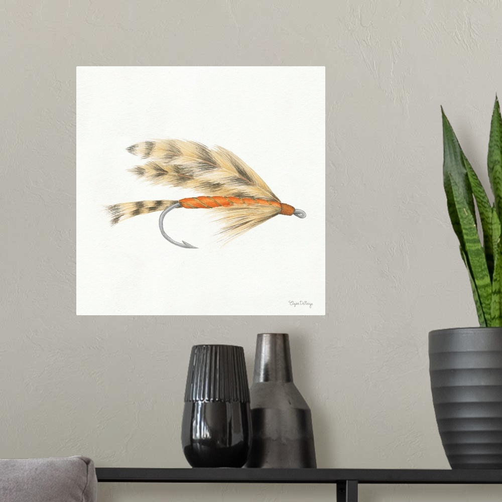 A modern room featuring Square watercolor painting of a fishing lure.