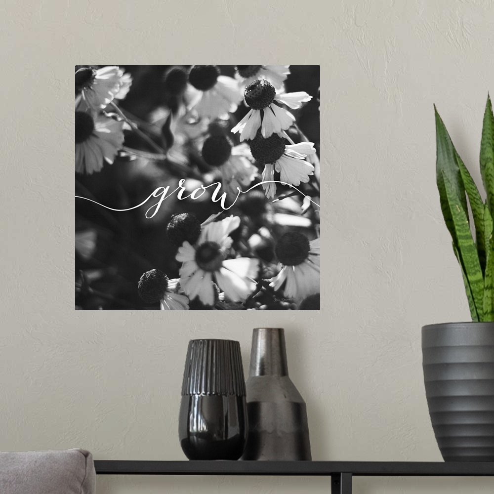 A modern room featuring Handlettering in white across a black and white photograph of flowers.