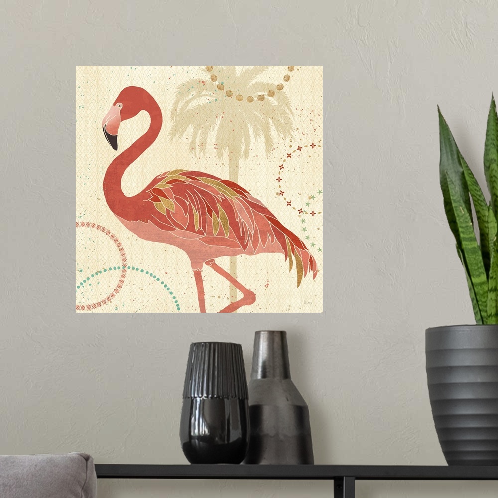 A modern room featuring Contemporary artwork of a flamingo in dark pink, tones with gilded feathers against a tropical th...