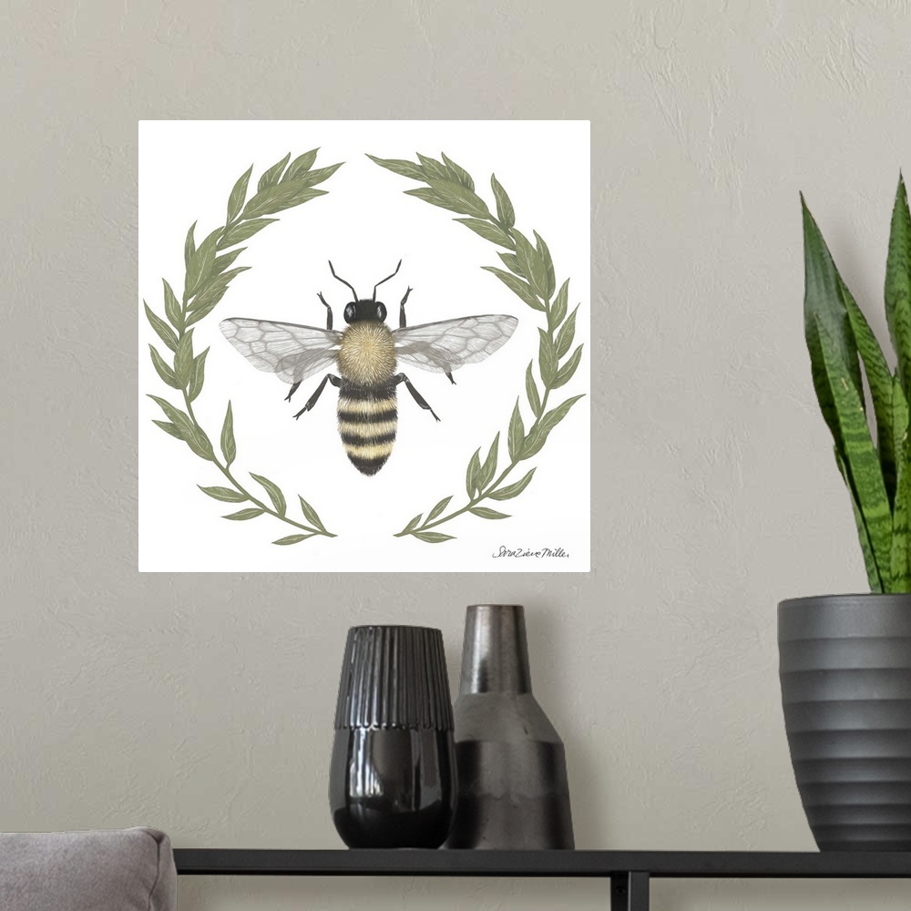 A modern room featuring Square illustration of a bumblebee framed with a wreath of leaves.