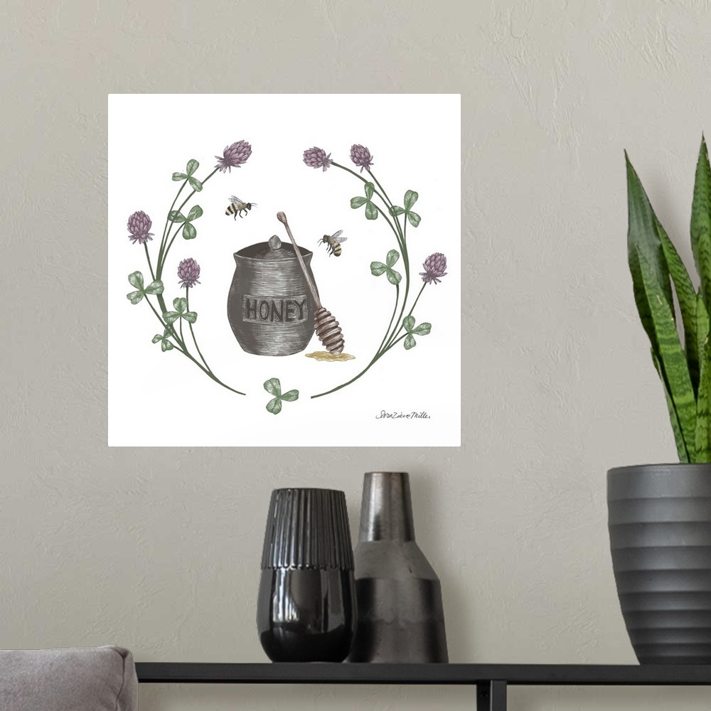 A modern room featuring Square illustration of a jar of honey with bumblebees framed with a wreath of flowers.