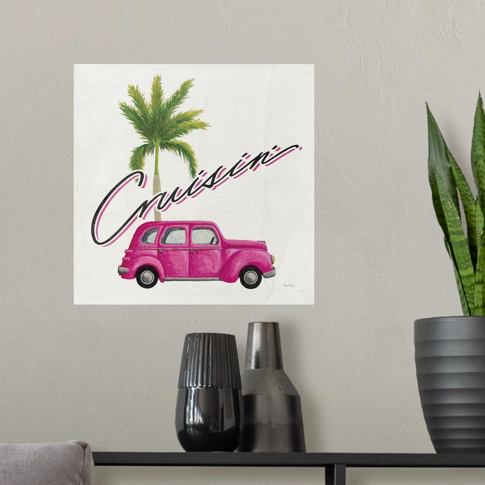 A modern room featuring Square contemporary design of a classic car and palm tree with the text "Cruisin'".