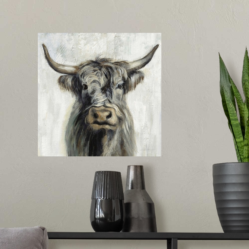 A modern room featuring Highland Cow