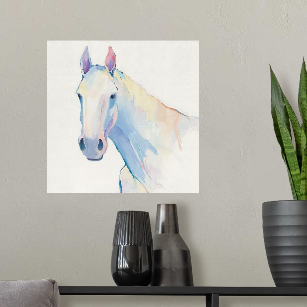 A modern room featuring Contemporary painting in pale cool colors of a horse.