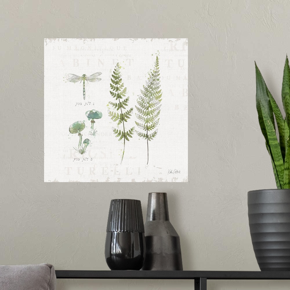 A modern room featuring Square watercolor painting of blue and green mushrooms, a dragonfly, and ferns on a white texture...
