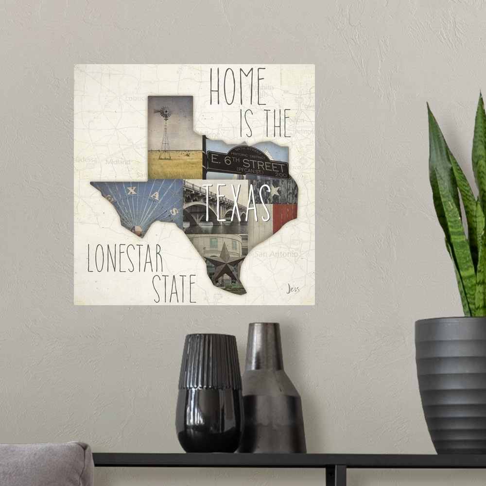 A modern room featuring Several scenes in Texas in the outline of the state with "Home is the Lonestar State."