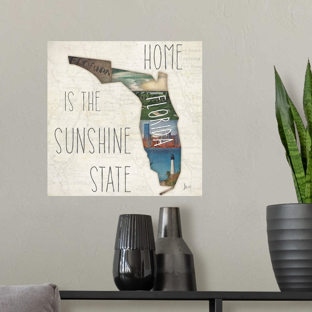 A modern room featuring Several scenes in Florida in the outline of the state with "Home is the Sunshine State."