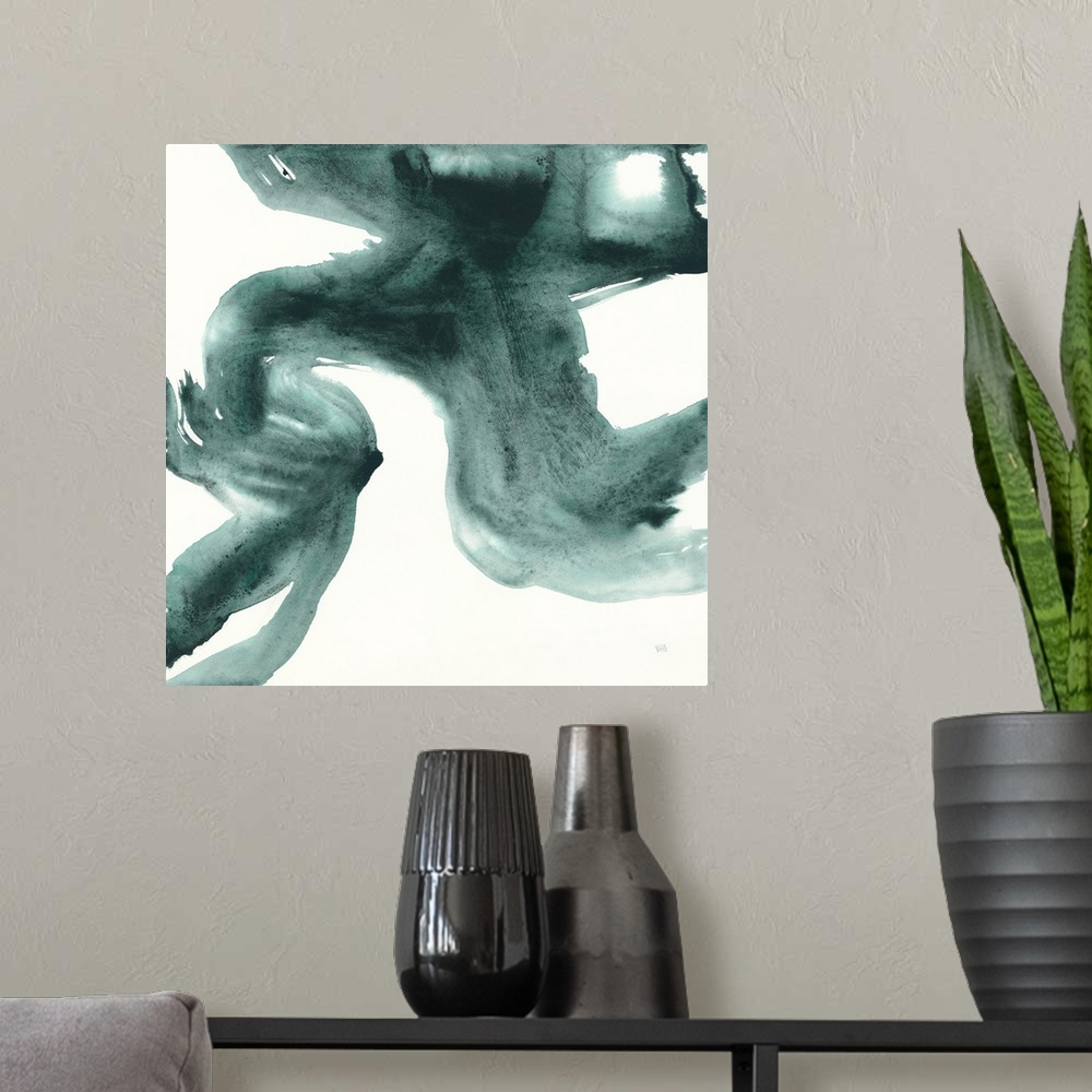 A modern room featuring Square watercolor abstract with dark teal on a white background.