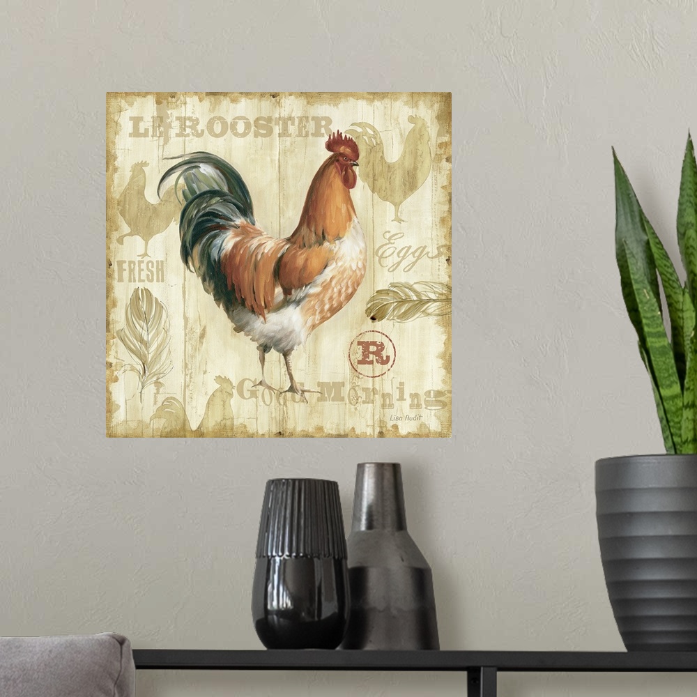 A modern room featuring Square, large home art docor of a painted rooster on a light, wood slatted background with slight...