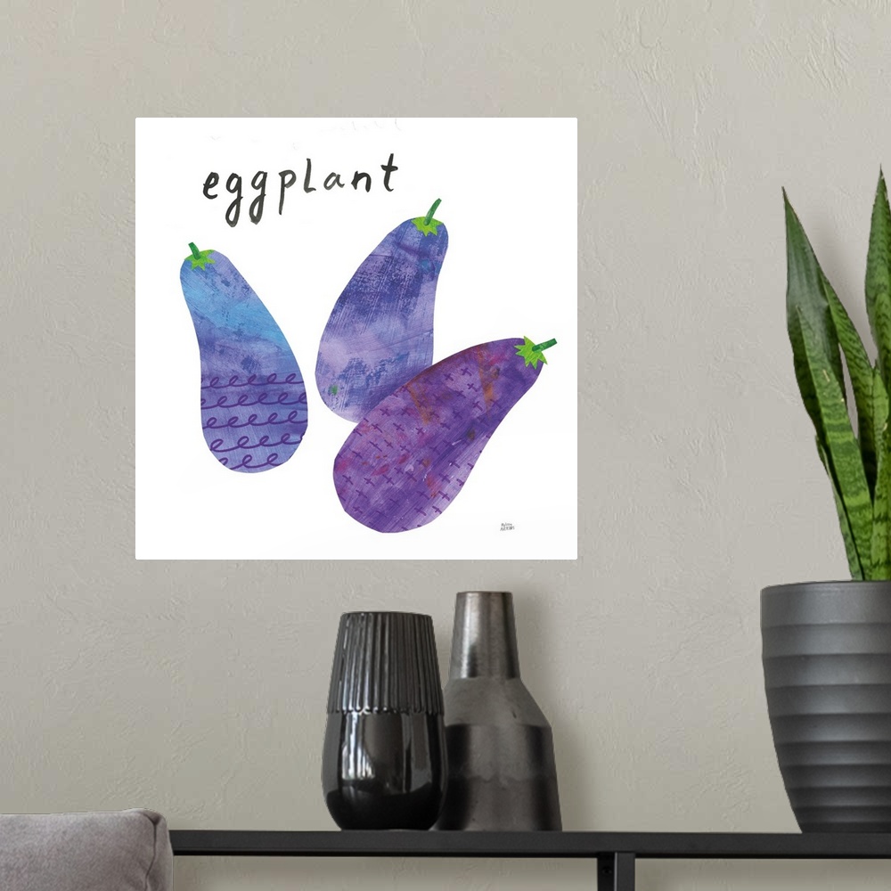 A modern room featuring Square contemporary design of eggplants with a collage style quality.