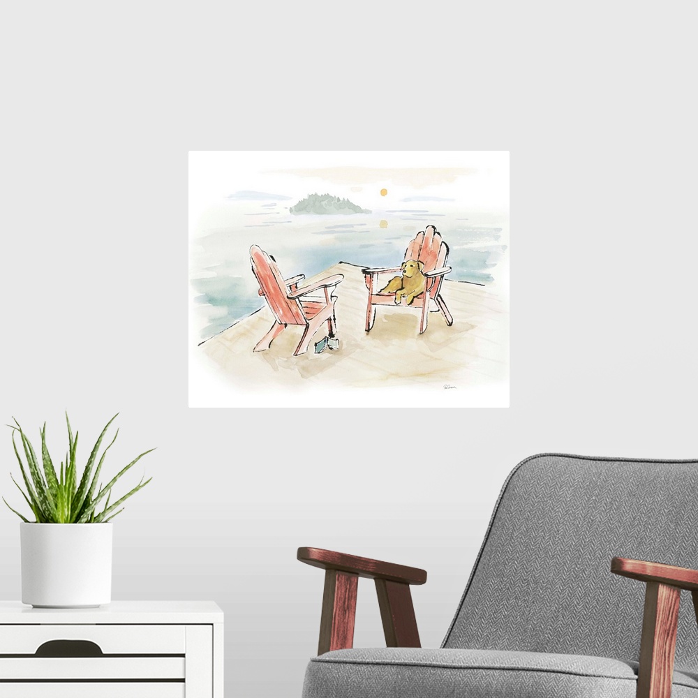 A modern room featuring Watercolor painting of a yellow lab relaxing on a chair at the lake.