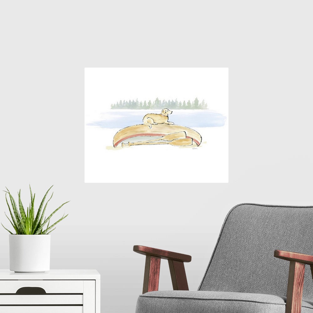 A modern room featuring Watercolor painting of a yellow lab on top of a canoe next to the lake.