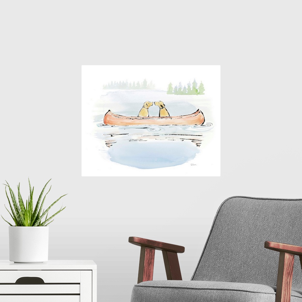 A modern room featuring Watercolor painting of two yellow labs about to kiss while floating on a canoe in the middle of a...