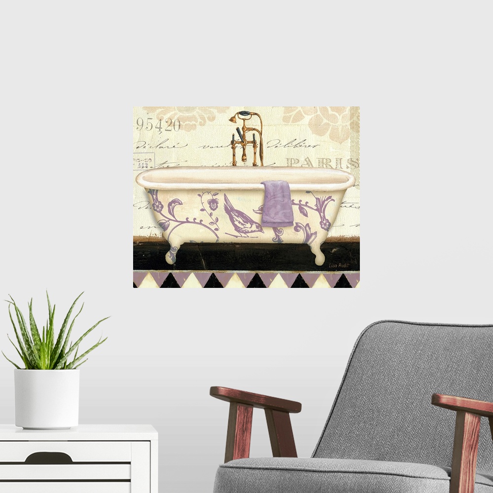 A modern room featuring Contemporary artwork of a floral decorated bathtub, against a floral and text background.