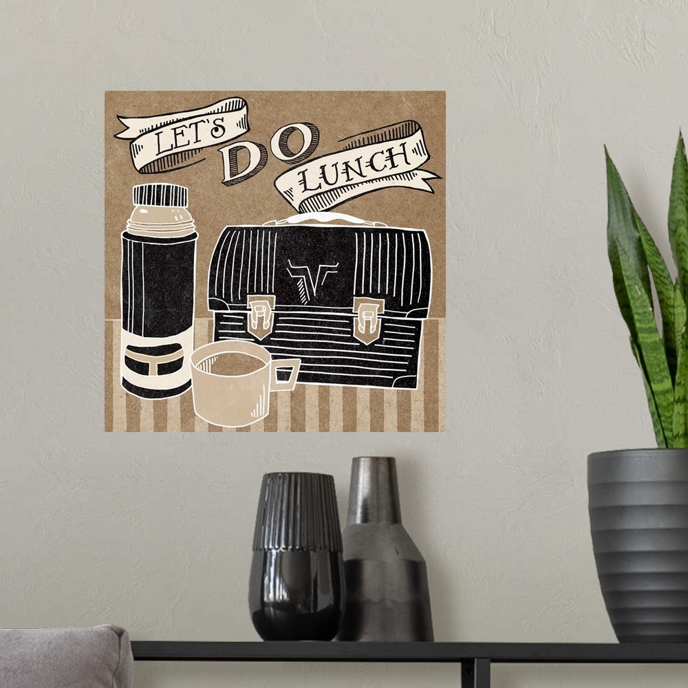 A modern room featuring Retro style image of a metal lunchbox and thermos with handlettered text.