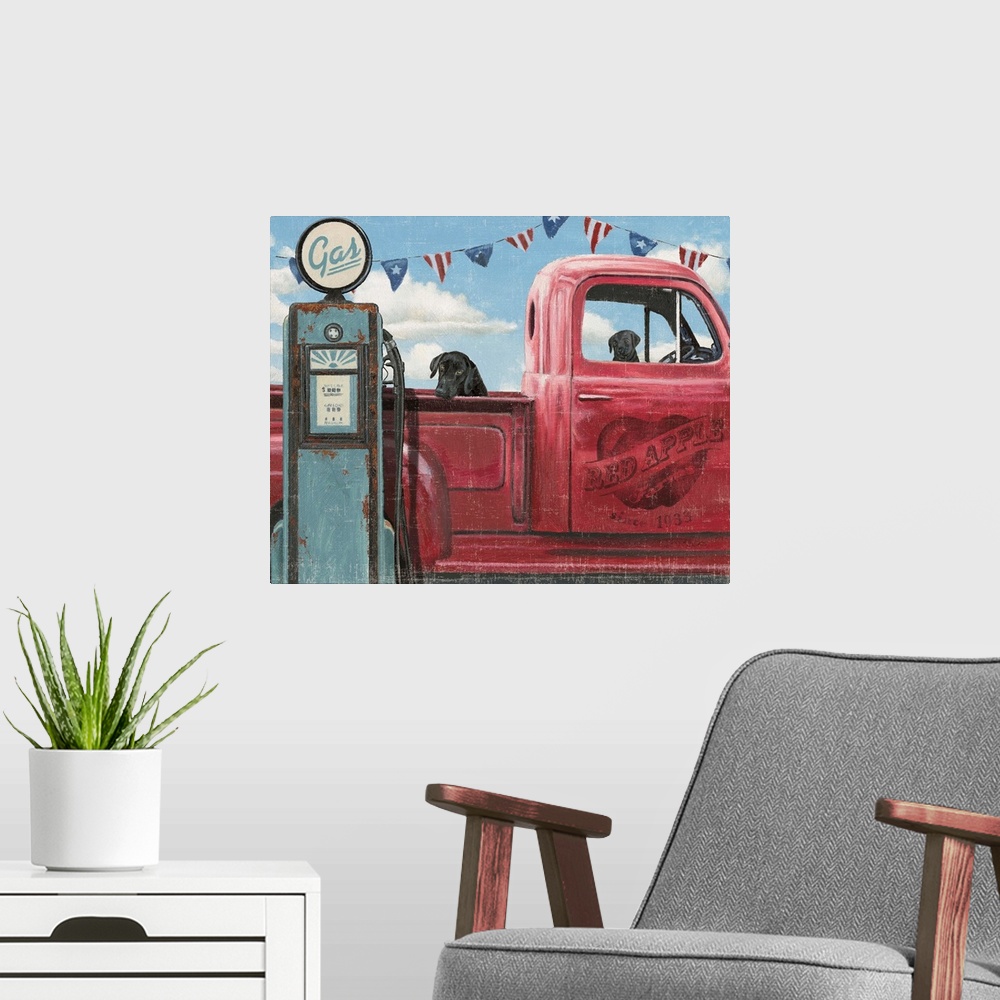 A modern room featuring Two dogs sitting in a vintage red truck at a gas station with a weathered, aged effect overlay.