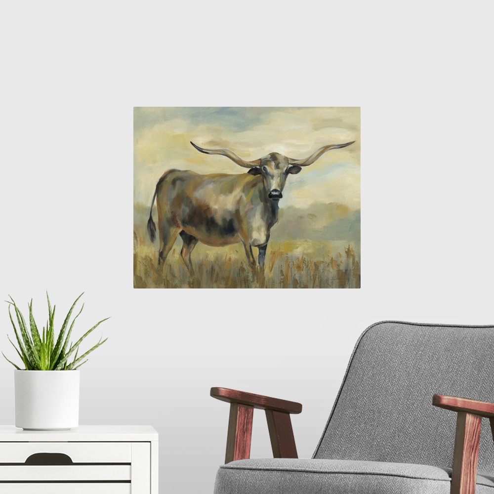 A modern room featuring Longhorn Cow