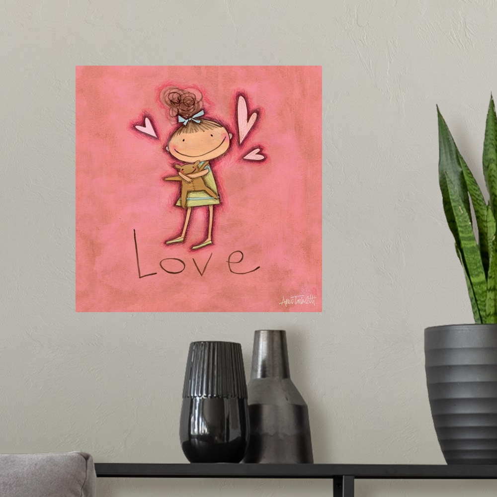 A modern room featuring Contemporary children's art of a little girl with hearts hovering around her.