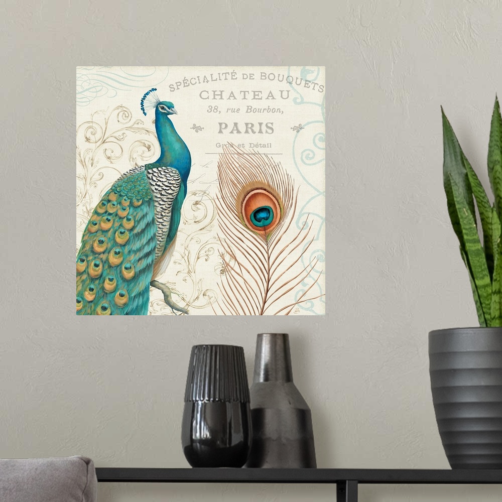 A modern room featuring Square painting of a peacock on top of a neutral background with various text and patterns.