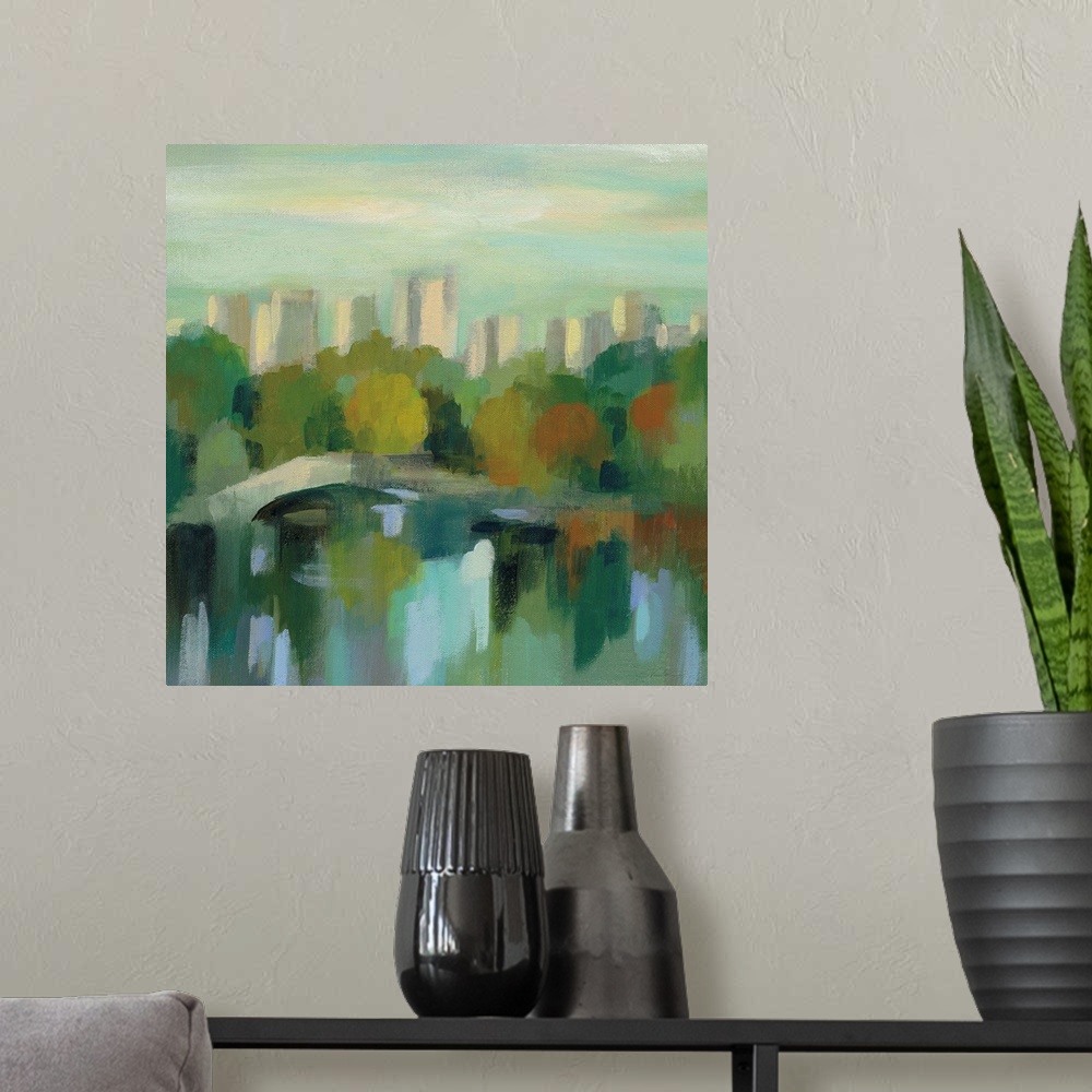 A modern room featuring Contemporary artwork featuring impressionistic brushes of scenic view of Manhattan, New York.
