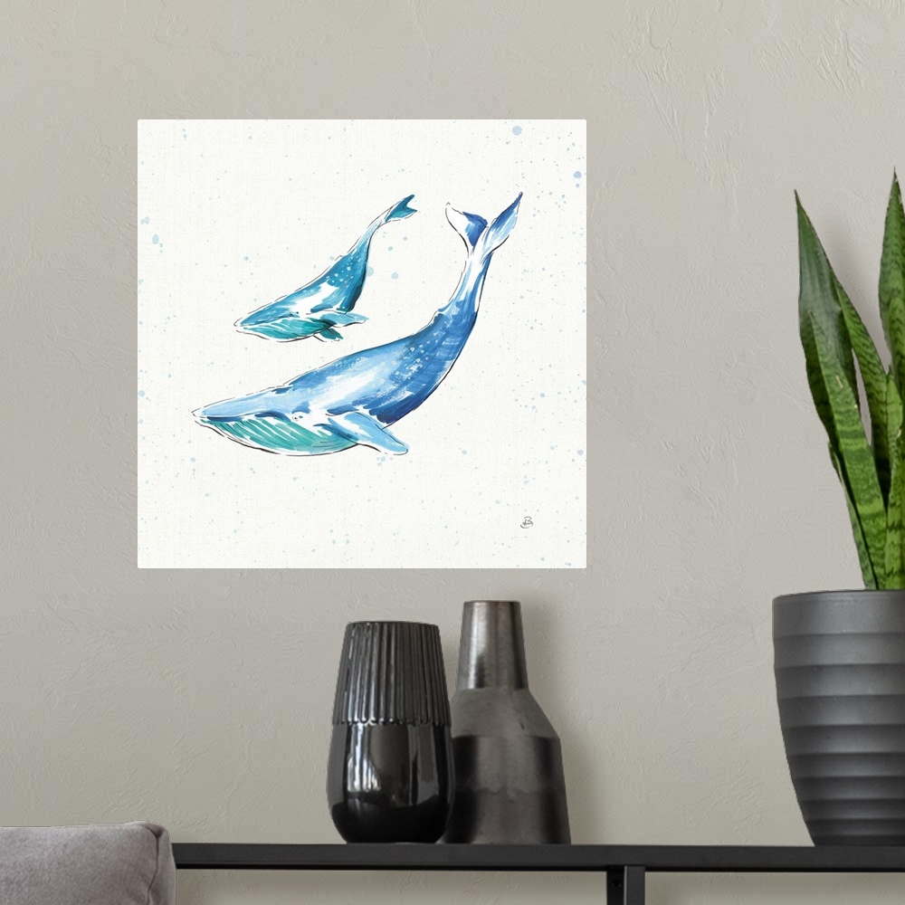 A modern room featuring Two blue whales swimming on a white square background with light blue paint splatter.