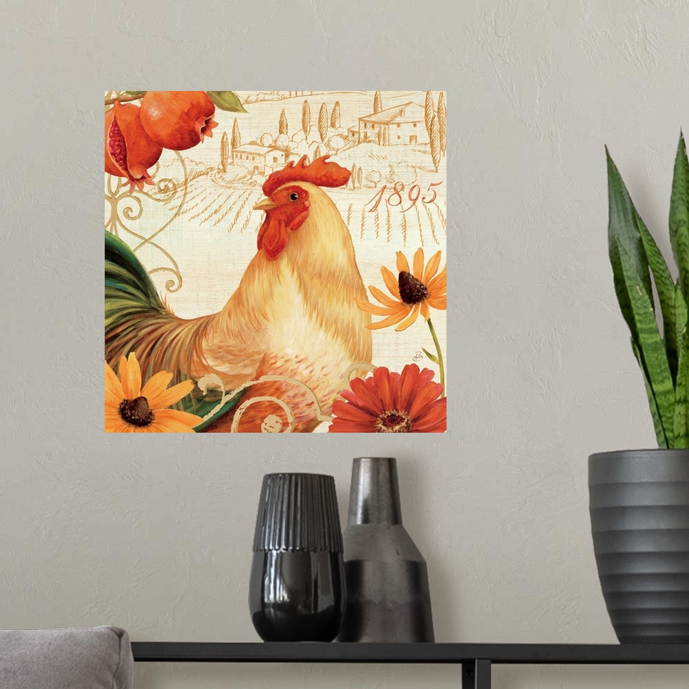 A modern room featuring Contemporary artwork of a rooster surrounded by flowers, against a background of idyllic scenery.