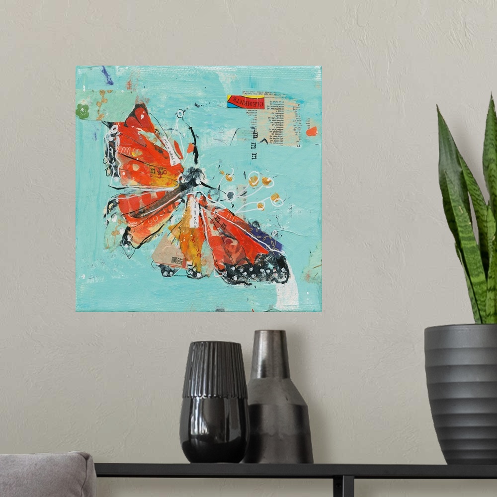 A modern room featuring Orange and red abstract monarch butterfly on a teal background made with mixed media.