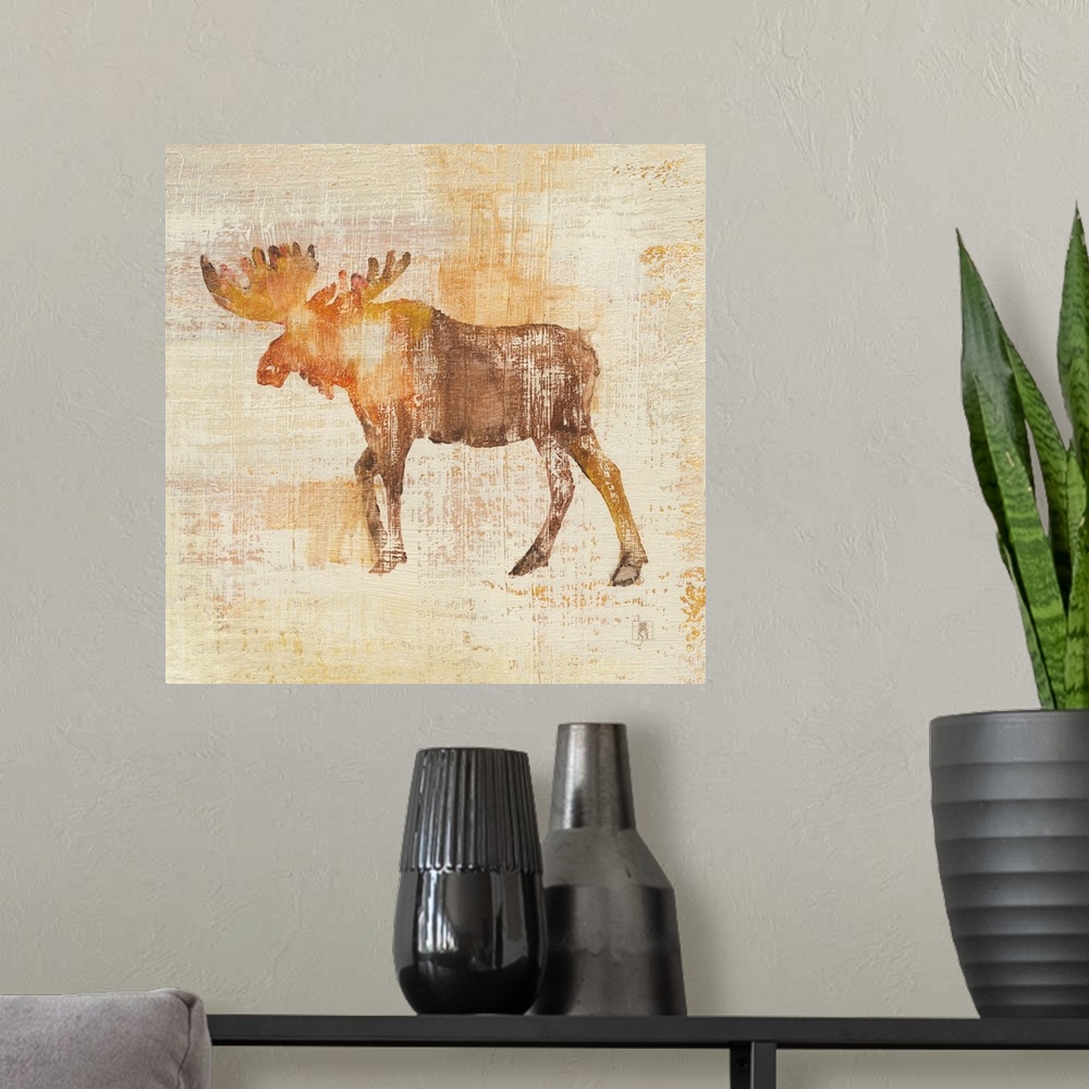 A modern room featuring Large square painting of a moose in textured brush strokes in orange, brown and gold.