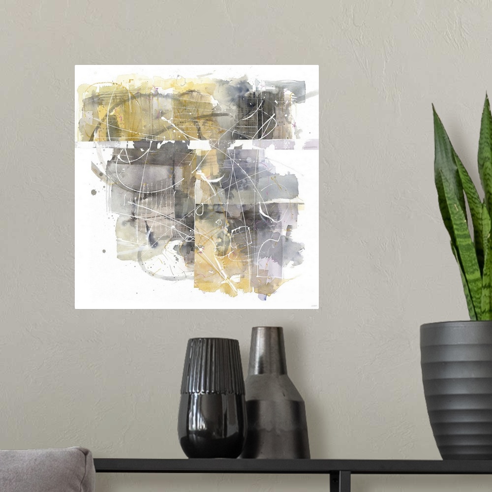 A modern room featuring Busy square abstract painting in shades of yellow and grey on a white background.