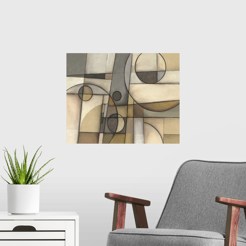 A modern room featuring Abstract cubism style painting in neutral colors with geometric shapes.