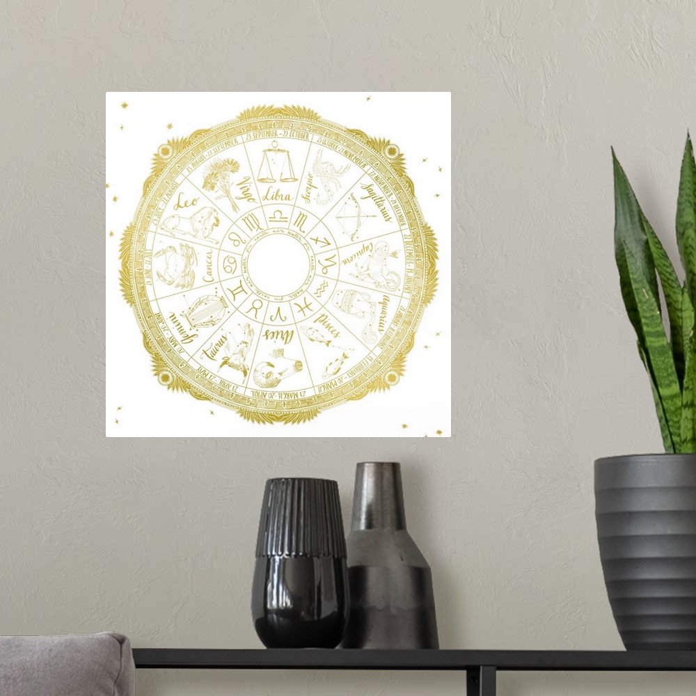 A modern room featuring The signs of the Zodiac in a circle gold on white.