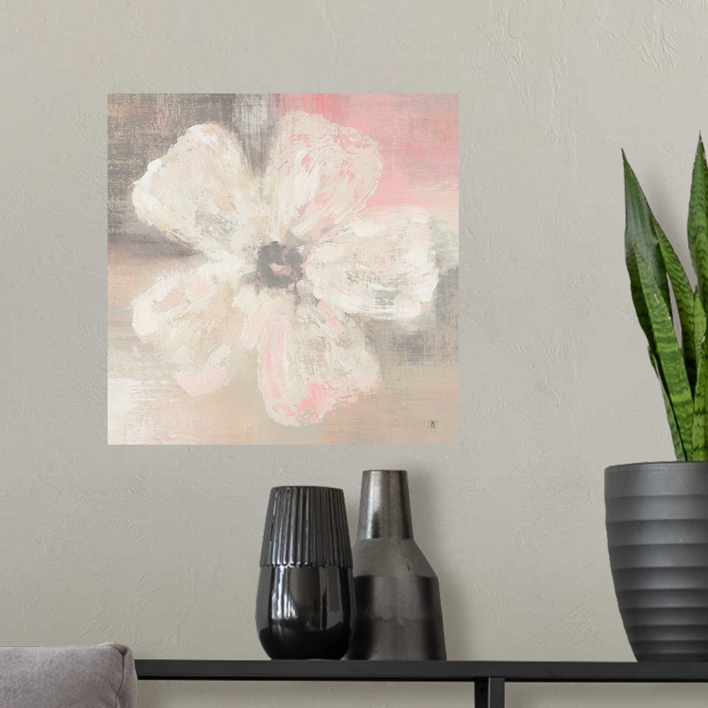 A modern room featuring Square decor with a painting of a single white flower on a pastel pink and gray background.