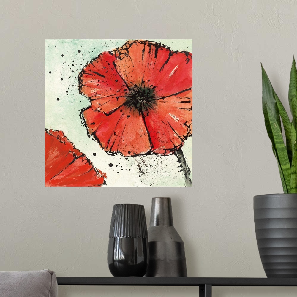 A modern room featuring Square watercolor painting of a red poppy flower on a green and white watercolor background with ...