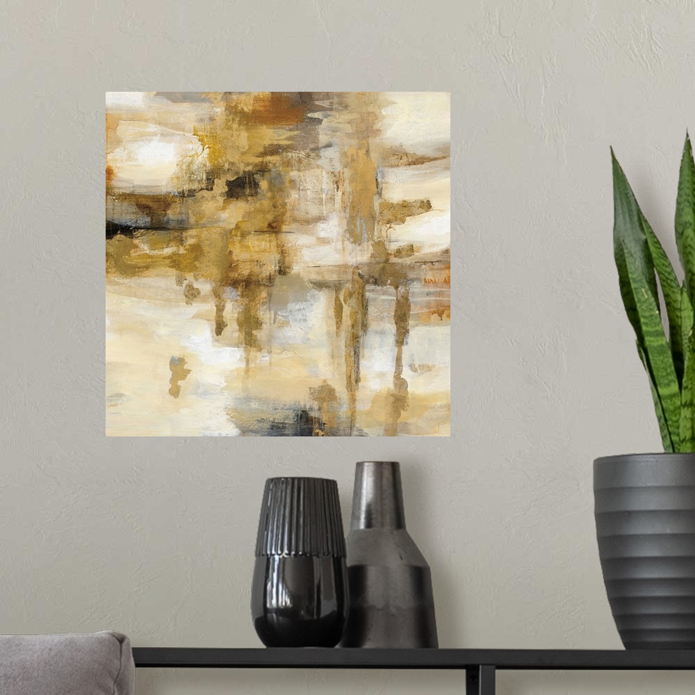 A modern room featuring Contemporary painting in golden shades.