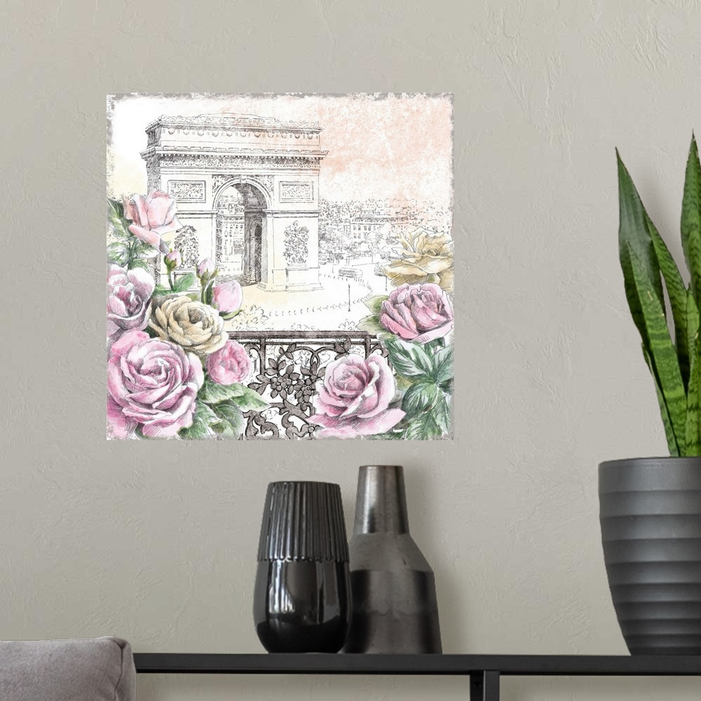 A modern room featuring Contemporary home decor artwork of the Arc de Triomphe in a neutral pencil sketch-like style seen...
