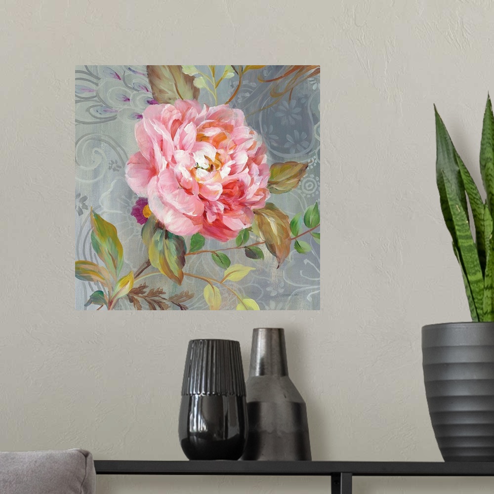 A modern room featuring Contemporary square painting of a pink peony on a gray paisley patterned background.