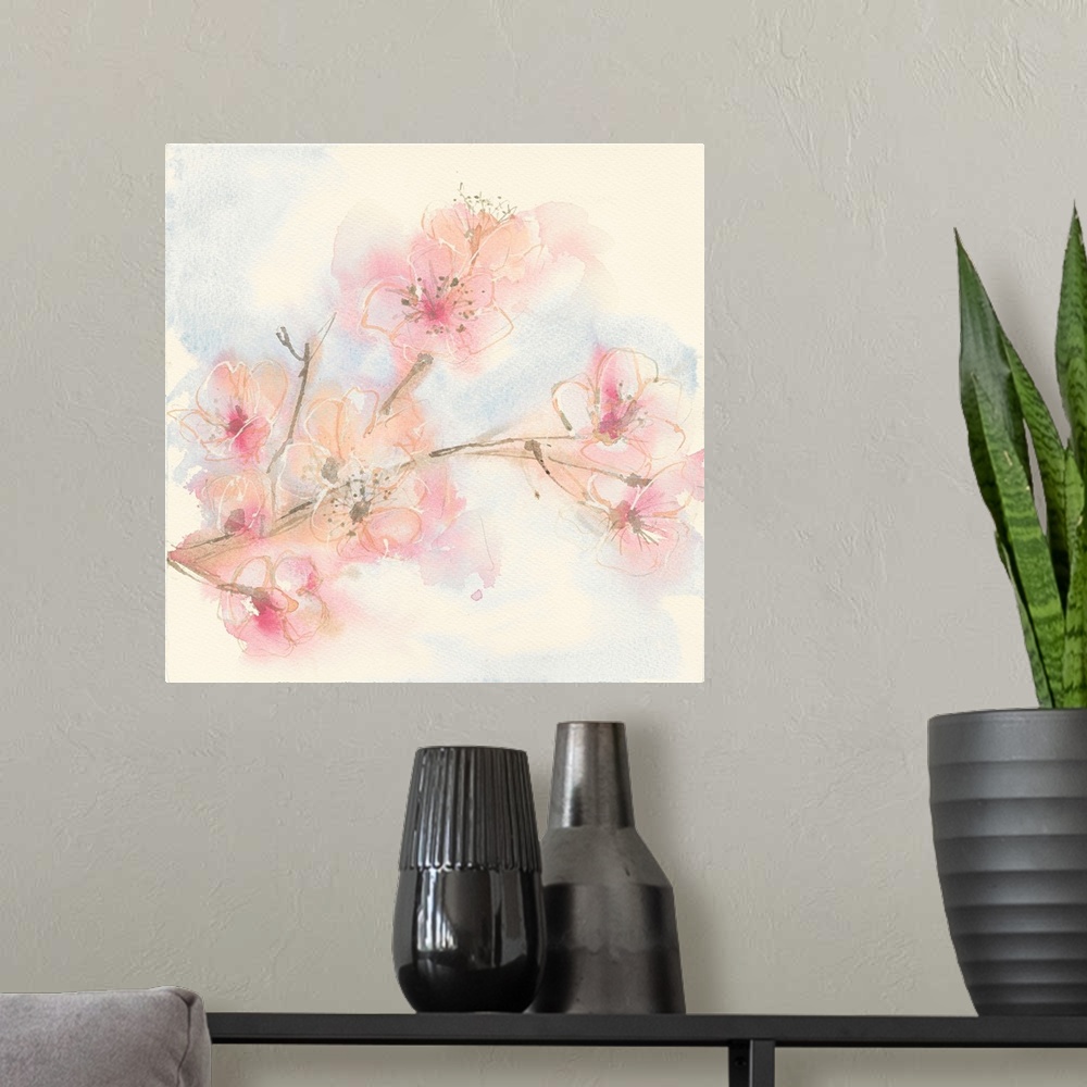A modern room featuring Painting of a branch with pastel pink blooms.