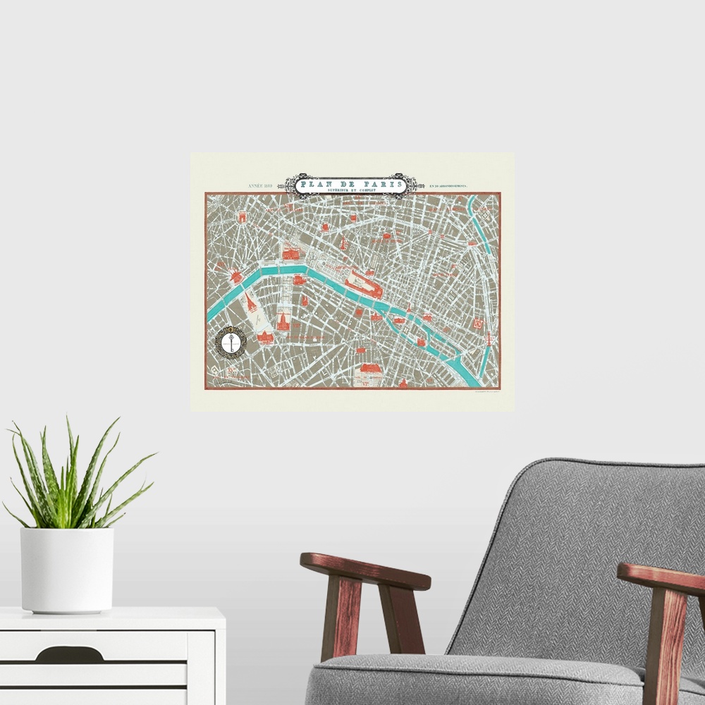 A modern room featuring Contemporary artwork of a city map with a beige border.