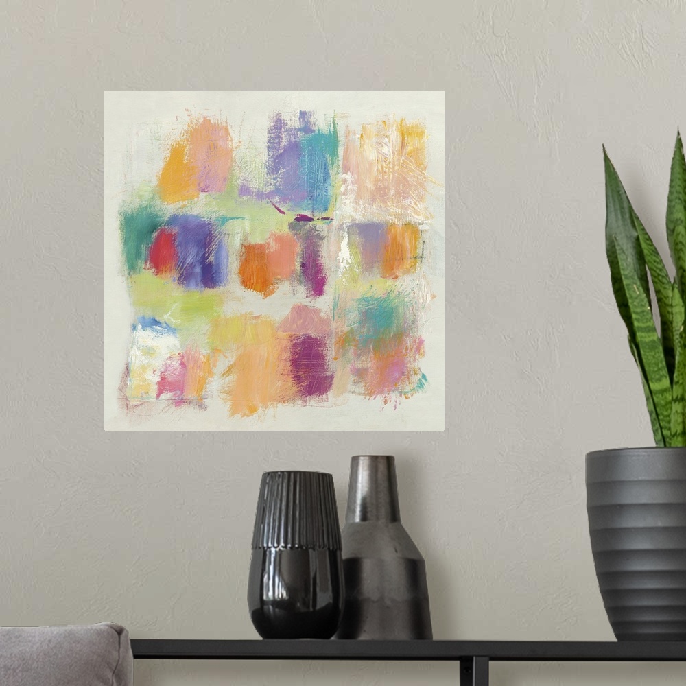 A modern room featuring Square contemporary abstract painting of multicolored square swatches on a white background.