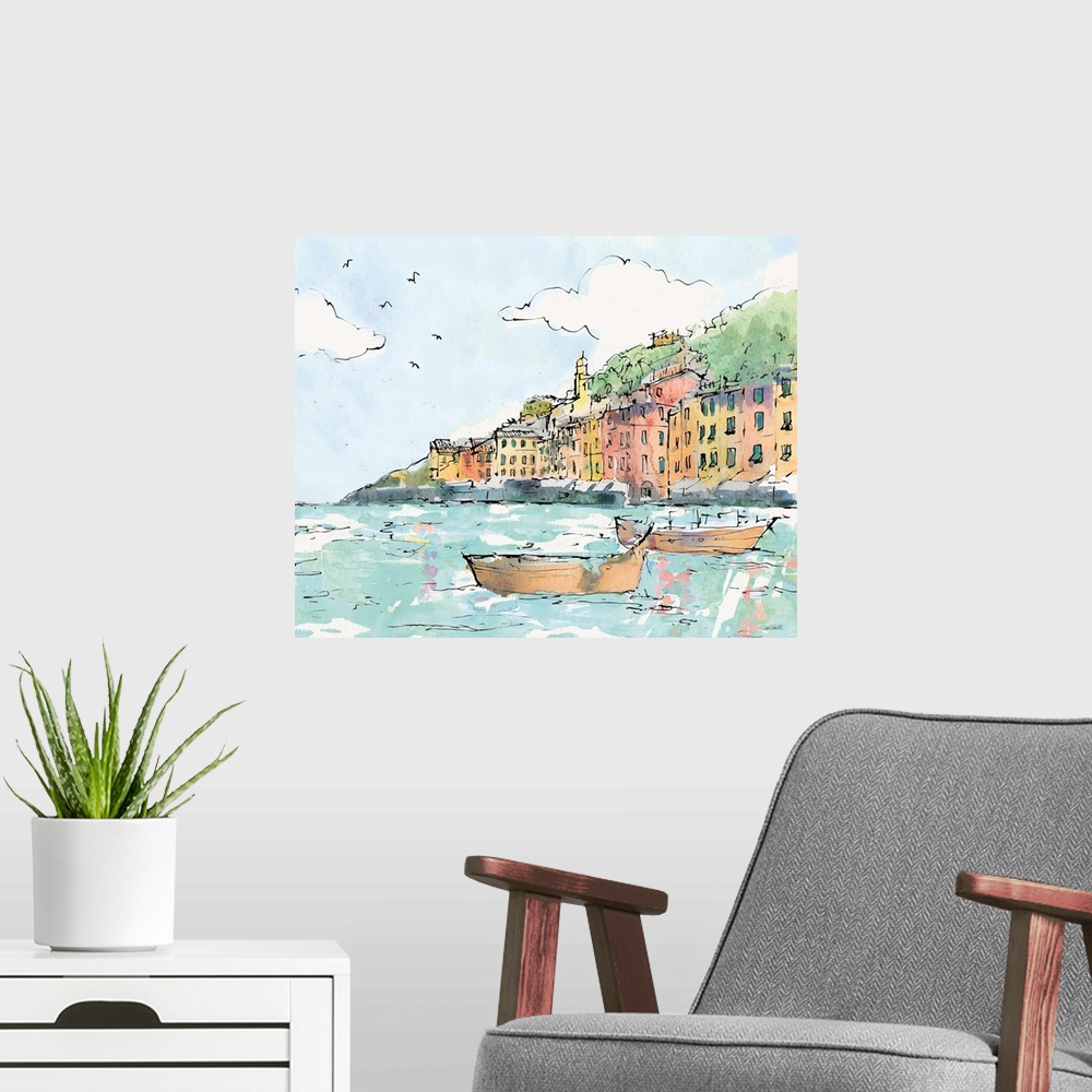 A modern room featuring A watercolor cityscape painting of Portofino, Italy.