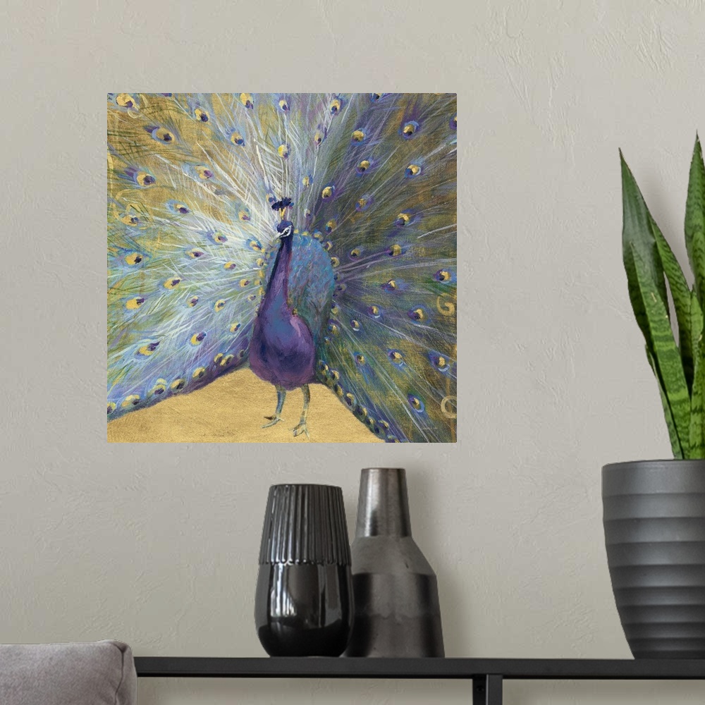 A modern room featuring Contemporary painting of a peacock with its feathers spread wide open on a gold background.