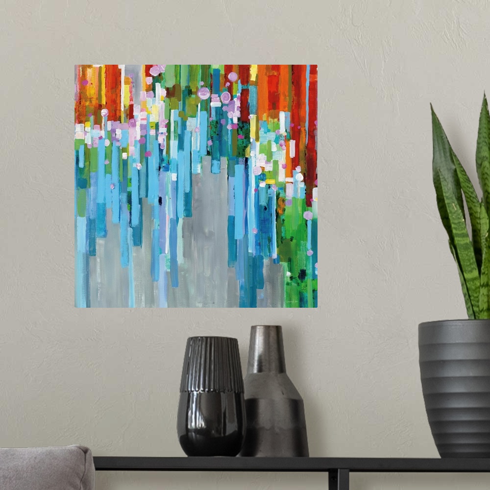 A modern room featuring Square abstract painting with rainbow vertical rectangles stacked together and falling from the d...