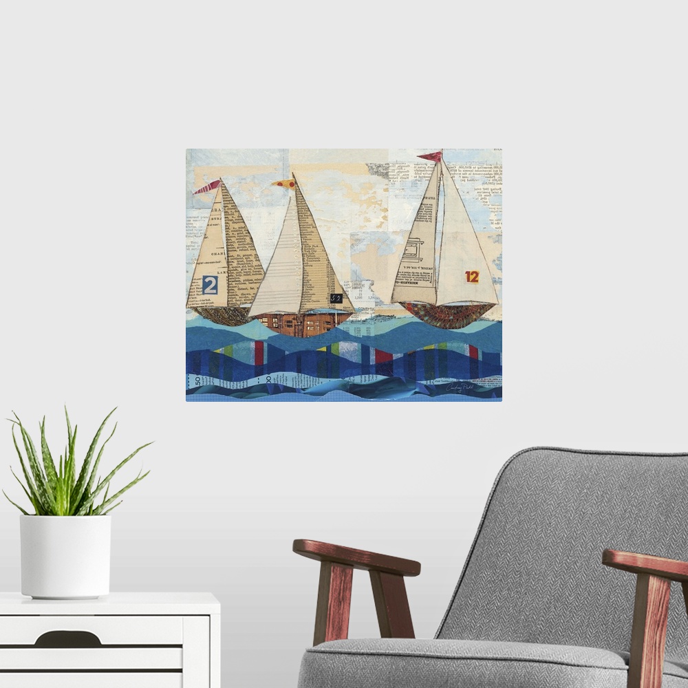 A modern room featuring Mixed media artwork of three sailboats on the ocean.