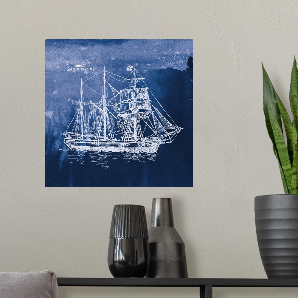 A modern room featuring Square art with a white silhouette of a sailboat on an indigo watercolor background and "Barquent...