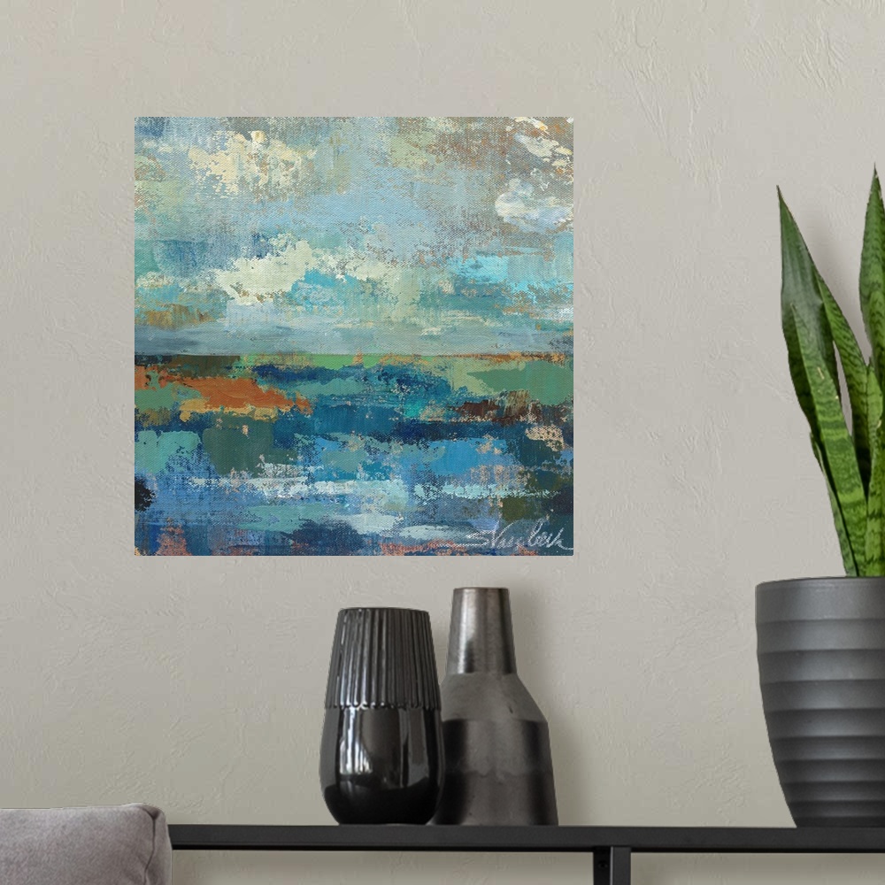 A modern room featuring Contemporary painting of the horizon where the ocean meets the sky.
