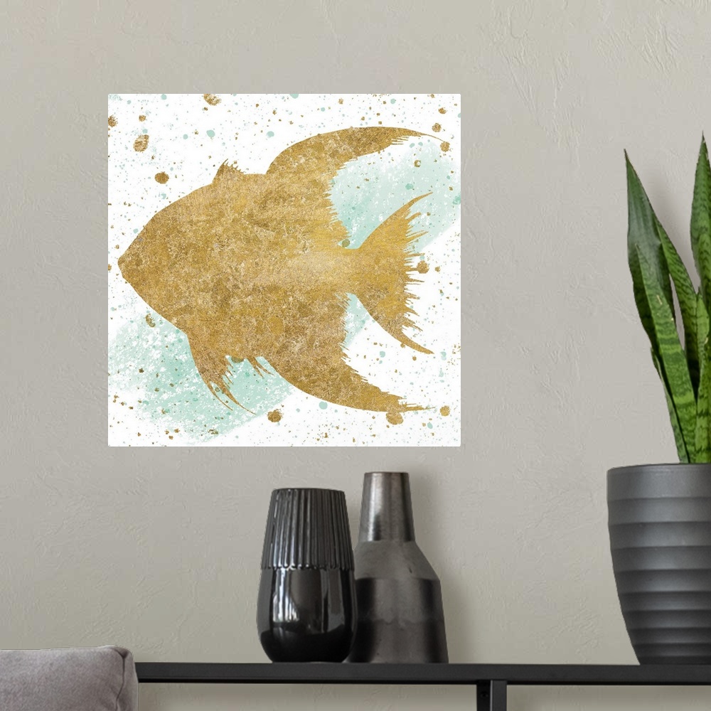 A modern room featuring Square art with a metallic gold fish on a white and sea foam green background with gold and sea f...