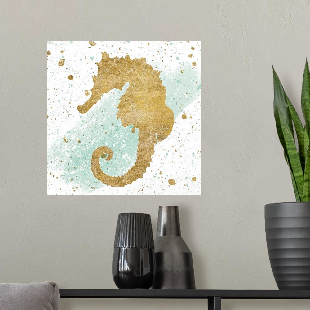 A modern room featuring Square art with a metallic gold seahorse on a white and sea foam green background with gold and s...