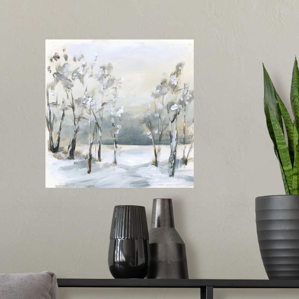 A modern room featuring Snowy Winter Trees